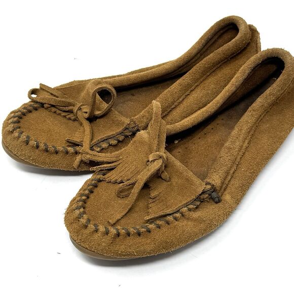 Minnetonka Brown Suede Leather Kiltie Moccasins - Picture 1 of 4